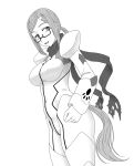 1girl bodysuit breasts clenched_hand glasses greyscale hair_ornament hairclip lipstick long_hair looking_at_viewer makeup medium_breasts misnon_the_great monochrome planet_with scarf shiraishi_kogane sidelocks solo standing tail 