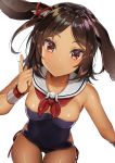  :x absurdres animal_ears armpits ass_visible_through_thighs azur_lane bangs black_hair blue_swimsuit blush bow bracelet breasts bunny_ears cleavage closed_mouth collarbone cowboy_shot detached_collar dutch_angle ear_ribbon eyebrows_visible_through_hair hand_up highres hip_vent i-26_(azur_lane) index_finger_raised jewelry leaning_forward legs_together light_smile looking_at_viewer medium_breasts neckerchief nontraditional_school_swimsuit one-piece_swimsuit parted_bangs red_eyes red_neckwear red_ribbon ribbon ribbon-trimmed_swimsuit ribbon_trim sailor_collar school_swimsuit short_hair side-tie_swimsuit simple_background skindentation smile solo standing strapless strapless_swimsuit stuffed_animal stuffed_bunny stuffed_toy swept_bangs swimsuit tan thigh_gap two_side_up white_background white_sailor_collar yayoichi_(yoruyoru108) 