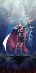  armor bow_(weapon) cape closed_eyes cross fate/grand_order fate_(series) gloves greaves highres long_hair male_focus outstretched_arms red_hair shioika solo sparkle tristan_(fate/grand_order) weapon 
