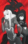  bodysuit christianblaza darling_in_the_franxx hiro_(darling_in_the_franxx) horns mecha monochrome strelizia zero_two_(darling_in_the_franxx) 