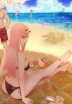  3girls absurdres aqua_eyes ass bare_legs bare_shoulders barefoot beach bikini black_bikini blue_sky breasts cleavage cloud commentary_request darling_in_the_franxx day flower full_body highres hiro_(darling_in_the_franxx) horns koi_han long_hair looking_at_viewer looking_back lotion lotion_bottle male_swimwear medium_breasts multiple_girls ocean outdoors parted_lips petals sand sand_castle sand_sculpture side-tie_bikini sideboob sitting sky slippers solo_focus swim_trunks swimsuit swimwear zero_two_(darling_in_the_franxx) 