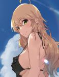  ahoge bangs bare_arms bare_shoulders bikini bikini_top black_bikini blue_sky blush breasts closed_mouth cloud cloudy_sky commentary_request condensation_trail day eyebrows_visible_through_hair frilled_bikini_top frills from_side green_eyes hair_between_eyes highres hoshii_miki idolmaster idolmaster_(classic) kurokin large_breasts lens_flare light_brown_hair long_hair looking_at_viewer outdoors sideboob sky smile solo strap_gap string_bikini summer sweat swimsuit upper_body 