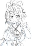 animal_ears antenna_hair bangs blush breasts cat_ears cleavage closed_mouth commentary dennou_shoujo_youtuber_shiro dress frilled_dress frills greyscale hair_between_eyes hair_ornament hairclip hand_up highres looking_at_viewer monochrome ribbon shiro_(dennou_shoujo_youtuber_shiro) short_hair sketch smile solo swept_bangs tokunou_shoutarou underwear virtual_youtuber 