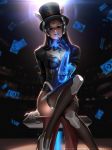  alternate_costume arm_support auditorium backlighting card commentary_request dark_background dark_skin finger_to_mouth gloves hat liang_xing looking_at_viewer magician_symmetra mechanical_arm mole mole_under_mouth overwatch parted_lips sitting solo symmetra_(overwatch) thighhighs top_hat white_gloves 