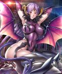  bare_shoulders black_legwear breasts character_request commentary_request covered_navel covered_nipples demon_girl demon_horns demon_tail demon_wings elbow_gloves fishnets gloves highleg highleg_leotard highres hips horns impossible_clothes impossible_leotard large_breasts leotard lipstick long_hair looking_at_viewer makeup mole mole_under_eye pale_skin parted_lips purple_hair purple_leotard red_eyes shiny shiny_clothes shiny_hair shiny_skin sitting skin_tight smile solo tail taimanin_(series) taimanin_asagi_kessen_arena teeth thick_thighs thighhighs thighs third_eye wide_hips wings zol 