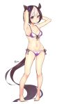  animal_ears arms_behind_head bad_id bad_pixiv_id barefoot bikini breasts brown_hair front-tie_top full_body highres horse_ears horse_girl horse_tail looking_at_viewer multicolored_hair ponpe_max purple_eyes short_hair side-tie_bikini simple_background small_breasts solo special_week standing swimsuit tail two-tone_bikini two-tone_hair umamusume white_background 