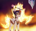  2018 armor cutie_mark daybreaker_(mlp) digital_media_(artwork) duo equine feathered_wings feathers female feral fire food friendship_is_magic hair helmet hi_res horn mammal my_little_pony quvr solo_focus trixie_(mlp) unicorn white_feathers winged_unicorn wings 