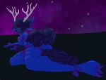  2018 antlers barefoot blue_fur butt cassy_(wyntyr) cute fantasy female fur hair hi_res horn hybrid looking_at_viewer lying mammal navy_hair nude on_side pose purple_eyes simple_background solo tuft 