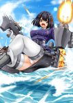  aa_gun alternate_legwear arekishi_raiho battle black_hair black_neckwear blue_jacket blue_sky breasts brown_eyes cannon day explosion gloves haguro_(kantai_collection) hair_ornament highres jacket kantai_collection long_sleeves machinery medium_breasts military military_uniform ocean open_mouth panties pantyshot remodel_(kantai_collection) rigging short_hair side_ponytail sky thighhighs torpedo torpedo_tubes turret underwear uniform water white_gloves white_panties 