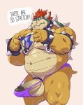  2018 anthro balls belly big_balls big_penis bowser clothed clothing cock_ring collar deep_navel english_text g-string humanoid_penis koopa male mario_bros musclegut muscular muscular_male navel nintendo nipple_piercing nipples partially_clothed penis piercing scalie simple_background solo spiked_armlet spiked_collar spikes taoren text thick_penis topless underwear video_games 