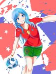  1girl 2018_fifa_world_cup ball bangs blue_eyes blue_hair earrings fairy_tail green_shorts holding juvia_lockser long_hair necklace portugal red_shirt smile soccer soccer_uniform solo trousers world_cup 