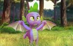  2018 ambiguous_gender anthro day detailed_background dragon friendship_is_magic grass my_little_pony quvr scalie smile solo spike_(mlp) spread_wings standing tree wings 