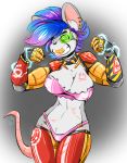  2018 anthro big_breasts bikini bikini_bottom blue_eyes blue_hair breasts clothed clothing duckdraw ear_piercing electricity female gold_(metal) gold_tooth gradient_background hair looking_at_viewer mammal midriff mouse navel nipple_bulge piercing portrait prosthetic_limb rodent scar scouter shirt signature simple_background skimpy smile solo standing swimsuit tattoo three-quarter_portrait torn_clothing torn_shirt 