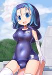  blue_eyes blue_hair blue_sky blue_swimsuit cloud covered_navel cowboy_shot day elbow_gloves gloves hood kickboard kumoi_ichirin looking_at_viewer name_tag one-piece_swimsuit open_mouth outdoors reform_(tayo_reform) school_swimsuit shiny shiny_clothes short_hair sky smile solo swimsuit thighhighs touhou unzan white_gloves white_legwear 