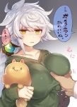  alternate_costume animal breast_grab breasts cat commentary_request eyebrows_visible_through_hair failure_penguin grabbing gradient gradient_background green_sweater kantai_collection large_breasts long_hair long_sleeves looking_at_viewer solo_focus sweater translated unryuu_(kantai_collection) white_hair yamaarashi yellow_eyes 