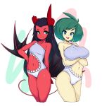 :d black_hair blue_eyes breasts broken_horn closed_mouth commentary cropped_legs crossed_arms demon_girl english_commentary evdokiya_infernalis eyebrows_visible_through_hair freckles green_eyes green_hair hand_on_hip highres hip_bones horns large_breasts legs_together long_hair meme_attire multiple_girls navel one-piece_swimsuit open_mouth original red_horns red_skin sharkini short_hair slugbox small_breasts smile standing swimsuit yellow_skin 