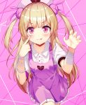  absurdres apron bad_id bad_pixiv_id bandages bangs banned_artist blonde_hair blunt_bangs bunny_hair_ornament collarbone cowboy_shot dress_shirt eyebrows_visible_through_hair finger_to_eye hair_ornament hat heart heart_print highres long_hair miniskirt natori_sana nurse_cap pink_apron pink_background pleated_skirt red_eyes sana_channel shirt short_sleeves skirt standing tongue tongue_out very_long_hair virtual_youtuber white_shirt white_skirt yiku_(sim7368) 