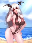  bare_shoulders bat_wings beach bikini black_bikini breasts cleavage day demon_girl head_wings highres kibellin large_breasts long_hair looking_at_viewer mabinogi ocean outdoors red_eyes smile solo succubus summer swimsuit white_hair wings 