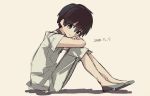  1boy arms_on_knees bangs black_collar black_hair blue_eyes collar commentary_request crossed_arms darling_in_the_franxx dated eyebrows_visible_through_hair grey_footwear grey_shirt grey_shorts highres hiro_(darling_in_the_franxx) li12060214to looking_at_viewer male_focus no_socks shirt shoes short_hair shorts sitting solo 