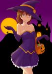  bangs breasts cleavage collarbone cowboy_shot elbow_gloves flower gloves hair_between_eyes hair_flower hair_ornament halloween halloween_costume hat jack-barro looking_at_viewer medium_breasts miniskirt misaka_mikoto orange_eyes parted_lips pleated_skirt purple_gloves purple_hat purple_skirt skirt smile solo standing strapless to_aru_majutsu_no_index white_flower witch_hat 