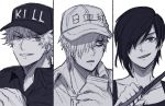  2boys baseball_cap black_hair close-up clothes_writing column_lineup cracking_knuckles greyscale grin hair_over_one_eye hat hataraku_saibou hyap killer_t_(hataraku_saibou) monochrome multiple_boys nk_cell_(hataraku_saibou) open_mouth short_hair simple_background smile u-1146 uniform walkie-talkie white_background white_blood_cell_(hataraku_saibou) 