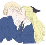  assam black_neckwear black_ribbon blonde_hair blue_sweater blush braid closed_eyes colored_eyelashes commentary_request cropped_torso darjeeling eyebrows_visible_through_hair french_braid girls_und_panzer hand_on_another's_chin imminent_kiss long_hair multiple_girls necktie parted_lips ponytail ribbon sketch st._gloriana's_school_uniform sweater torinone white_background yuri 