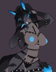  2018 anthro bdsm big_breasts bioluminescence black_hair blue_eyes bondage bound breasts canine claws clothed clothing collar female glowing hair harness horn leash long_nails long_tongue mammal missy_(artist) nipple_piercing nipples panties piercing spikes tongue tongue_out topless underwear wolf 