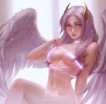  angel blush breasts daria_leonova facial_mark feathered_wings forehead_mark glowing_markings head_wings long_hair looking_at_viewer orange_hair original purple_hair solo wings 