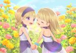  :d bangs bare_arms bare_shoulders blonde_hair blue_sky blunt_bangs bracelet braid choker cloud day dragon_quest dragon_quest_xi dress flower jewelry kz_ripo looking_at_another multiple_girls open_mouth outdoors pink_flower purple_choker purple_eyes rainbow senya_(dq11) siblings sisters sky smile straight_hair twin_braids twins twitter_username veronica_(dq11) white_dress yellow_flower 