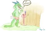  2014 3_toes 4_fingers animal_crossing anthro anthrofied barefoot biped boxer_briefs bulge clothed clothing collarbone dialogue digital_drawing_(artwork) digital_media_(artwork) drago_(animal_crossing) dragon drugs ear_frills english_text frill full-length_portrait grass green_scales green_tail grey_horn half-closed_eyes hand_in_underwear hand_on_butt horn inkimonsta long_tail looking_at_viewer mailbox male marijuana nintendo no_sclera open_mouth orange_eyes outside pink_tongue portrait scales scalie scratching sharp_teeth simple_background smoking snout solo sound_effects speech_bubble standing stoned talking_to_viewer teeth text toes tongue topless underwear video_games waving white_background 