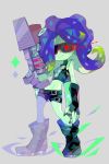  amakusa_(hidorozoa) belt black_gloves blaster_(splatoon) blue_hair boots breasts character_request closed_mouth fingerless_gloves full_body gloves goggles green_skin grey_background gun highres holding holding_gun holding_weapon looking_at_viewer octarian octoling paint_gun simple_background small_breasts smile solo splatoon_(series) splatoon_2 suction_cups takozonesu tentacle_hair weapon 