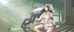  bangle black_hair blurry blurry_background bracelet braid breasts cleavage detached_sleeves earrings facial_mark forest headdress highres jewelry kikivi large_breasts long_hair nature no_bra original outdoors sitting smile solo 
