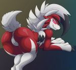  2018 absurd_res anthro anus black_nose butt canine claws female grin hi_res kuroodod lycanroc mammal midnight_lycanroc nintendo pink_eyes pok&eacute;mon pok&eacute;mon_(species) presenting presenting_hindquarters pussy smile solo video_games white_anus white_pussy 