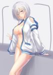  absurdres arm_support bangs blue_eyes blush breasts closed_mouth collarbone commentary_request covered_nipples cowboy_shot groin hair_ornament hair_over_one_eye hairclip hamakaze_(kantai_collection) head_tilt highres hood hood_down hooded_jacket jacket jacket_tug kantai_collection large_breasts leaning looking_at_viewer navel no_bra no_panties open_clothes shiny shiny_skin short_hair shoulder_cutout sidelocks silver_hair smile solo stomach tokito_yu 