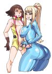  1boy 1girl blonde_hair blue_eyes blush breasts brown_hair green_eyes hetero highres huge_breasts long_hair maniacpaint masturbation metroid nintendo nipples nude penis plump ponytail samus_aran uncensored 