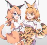  :3 animal_ears belt black_hair blonde_hair blue_eyes bow bowtie caracal_(kemono_friends) caracal_ears caracal_tail chromatic_aberration commentary_request elbow_gloves eyebrows_visible_through_hair gloves high-waist_skirt jumping kemono_friends light_brown_hair multicolored_hair multiple_girls open_mouth partial_commentary serval_(kemono_friends) serval_ears serval_print serval_tail short_hair signature skirt sleeveless tail tatsuno_newo thighhighs yellow_eyes 