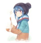  beanie blue_hair bowl coat commentary_request from_side hat holding holding_spoon long_sleeves looking_at_viewer looking_to_the_side poco_(asahi_age) purple_eyes scarf shima_rin simple_background solo sparkle spoon upper_body white_background winter_clothes winter_coat yurucamp 