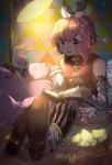  bare_shoulders bedroom blurry book bow dark depth_of_field gloves hair_bow hair_ribbon light light_particles nachoz_(natsukichann) open_book open_mouth original perspective pink_eyes pink_hair reading ribbon short_hair sitting smile 