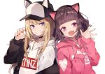  :d animal_ears baseball_cap blonde_hair blue_eyes brown_hair claw_pose clothes_writing commentary_request earphones fake_animal_ears fang grin hat hat_with_ears hood hoodie jacket kmnz long_hair mc_lita mc_liz multiple_girls nail_polish open_mouth pink_eyes red_nails short_hair shugao smile virtual_youtuber 