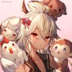  animal bird blush chicken chinese_zodiac commentary_request dark_skin dog feathered_wings flying_sweatdrops fur granblue_fantasy hair_ornament horns monkey narusegawa_riko open_mouth red_eyes sheep sheep_horns twitter_username white_hair wings zooey_(granblue_fantasy) 