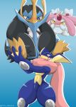  2015 ambiguous_gender blue_background empoleon gradient_background greninja group legendary_pok&eacute;mon male mesprit nintendo open_mouth pok&eacute;mon pok&eacute;mon_(species) simple_background sweat type video_games 