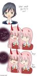  1boy 1girl bangs black_hair blue_eyes comic couple darling_in_the_franxx disappearingheart english green_eyes hair_ornament hairband hetero hiro_(darling_in_the_franxx) horns long_hair military military_uniform necktie oni_horns orange_neckwear pink_hair red_horns red_neckwear short_hair speech_bubble uniform white_hairband zero_two_(darling_in_the_franxx) 