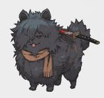  animal_focus animalization brown_scarf check_commentary commentary_request dog fate/grand_order fate_(series) fluffy full_body grey_background highres jitome katana lack looking_at_viewer no_humans okada_izou_(dog) okada_izou_(fate) pomeranian_(dog) scabbard scarf sheath simple_background solo sword tongue tongue_out weapon 