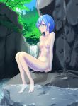  blue_eyes blue_hair blush breasts byo_(daigakunote) navel nipples nude open_mouth original outdoors short_hair soaking_feet solo water waterfall 