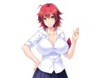  1girl ahoge breasts cleavage large_breasts looking_at_viewer parted_lips red_hair schoolgirl_uniform short_hair solo white_shirt yellow_eyes 