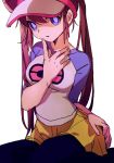  ankea_(a-ramo-do) bangs blue_eyes breasts brown_hair eyebrows_visible_through_hair hair_between_eyes hand_on_hip hand_on_own_face large_breasts long_hair looking_at_viewer mei_(pokemon) open_mouth pantyhose pokemon pokemon_(game) pokemon_bw2 seiza shirt shorts simple_background sitting skirt yellow_shorts 