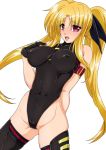  1girl black_gloves black_legwear black_leotard blonde_hair breasts cameltoe covered_navel erect_nipples fate_testarossa gloves hair_ribbon highres impossible_clothes impossible_leotard large_breasts leotard long_hair looking_at_viewer lyrical_nanoha magical_girl mahou_shoujo_lyrical_nanoha_strikers open_mouth red_eyes ribbon shiny shiny_clothes shiny_hair shiny_skin simple_background skin_tight solo standing tappa_(esperanza) thighhighs twintails very_long_hair white_background 