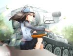  black_eyes black_hair bt-42 caterpillar_tracks commentary_request girls_und_panzer ground_vehicle hat instrument kantele keizoku_military_uniform leaf long_hair mika_(girls_und_panzer) military military_vehicle motor_vehicle sky tank tree tsukasa-emon 