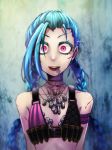  1girl blood braid crazy_eyes crazy_smile dog_tags female injury jinx_(league_of_legends) league_of_legends looking_at_viewer open_mouth pink_eyes scratches solo tanpopo_hayabusa-maru twin_braids 