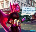  2018 anthro beverage blue_eyes breasts clothing coffee demalyx digital_media_(artwork) disposable_cup dragon english_text eyewear female glasses hair horn membranous_wings pants perplexin phone purple_skin scalie signature solo text turtleneck western_dragon wings 